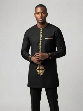 Men's Black and Gold Embroidered African Dashiki Tunic